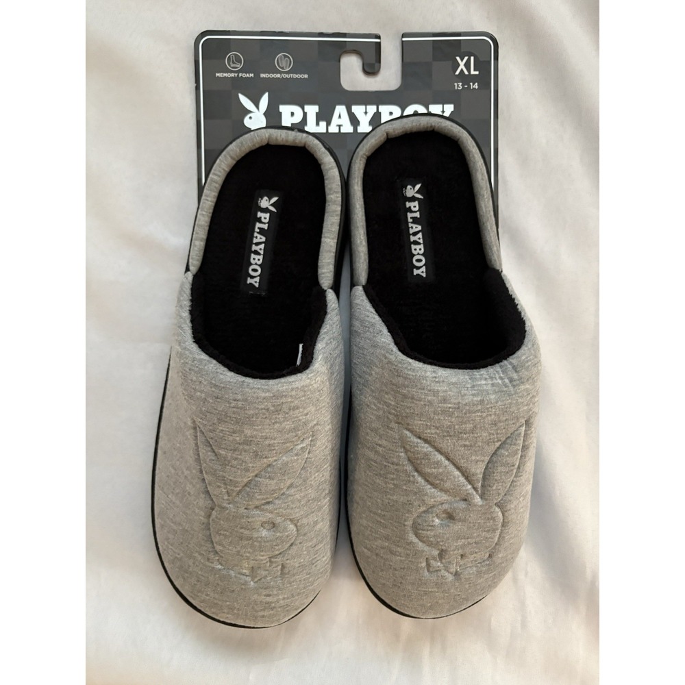 NEW Playboy SLIPPERS Bunny Logo Men's XLarge 13-14 Gray & Black Slip On Slippers